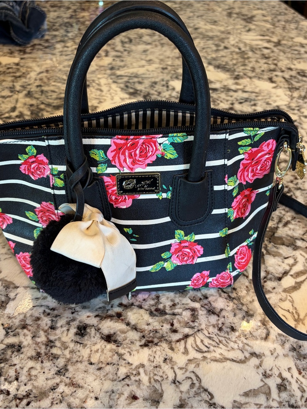 Betsey Johnson Black Striped Mini Satchel with Pink Rose Print